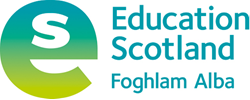 The logo is a large green and blue e with a cutout letter s inside and the words Education Scotland Foghlam Alba logo stacked next to it