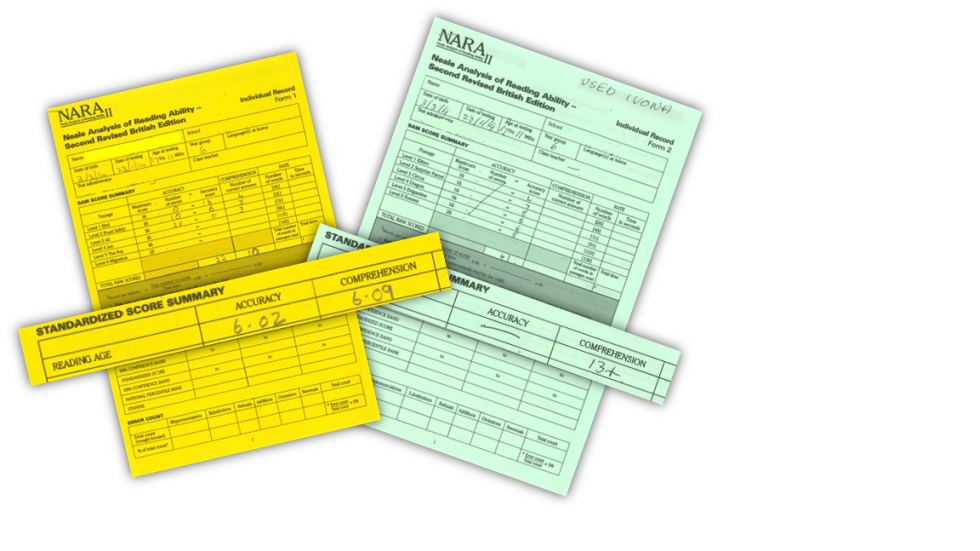 Image of Neale analysis forms completed with and without a computer text reader
