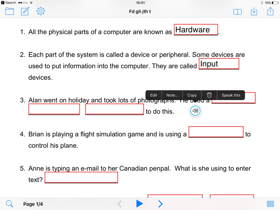 Screen shot of worksheet accessed with iPad