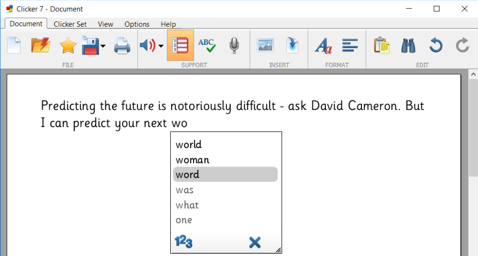 Screen shot of Clicker with word prediction