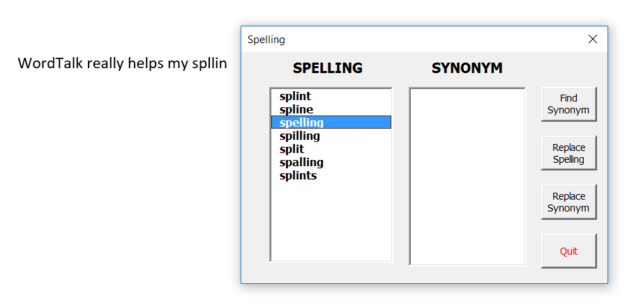 Screen shot of WordTalk spellchecker
